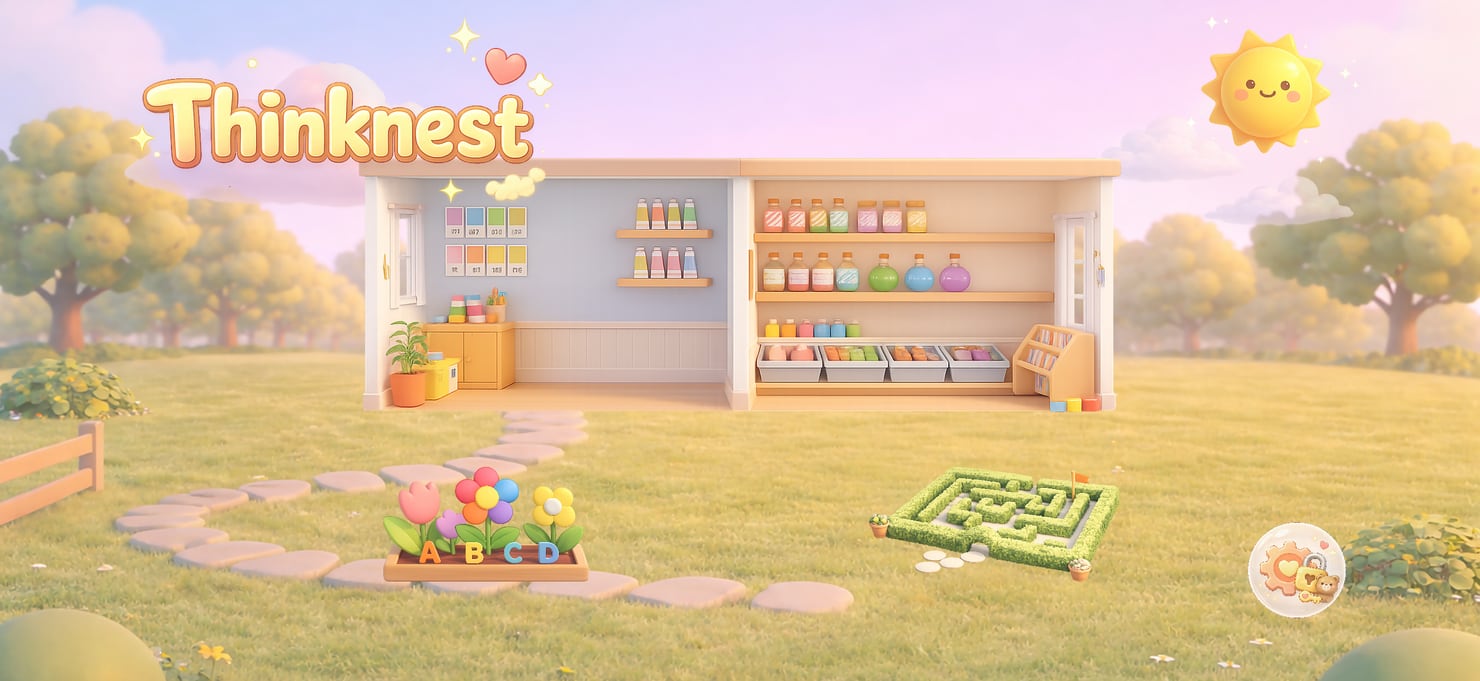 A glimpse of Thinknest’s illustrated world — a calm, sunny pastel meadow with a cozy room of colorful supplies, alphabet blocks, and a hedge maze.