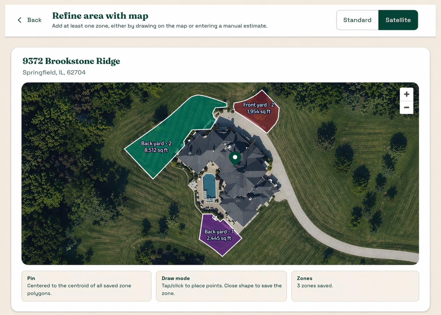 YardLedger mapping screen: color-coded lawn zones drawn over a satellite view of a property, each labeled with its square footage.